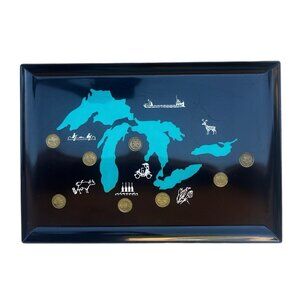 Couroc of Monterey Great Lakes Black & Teal Tray Coin Inlays Nautical Graphics